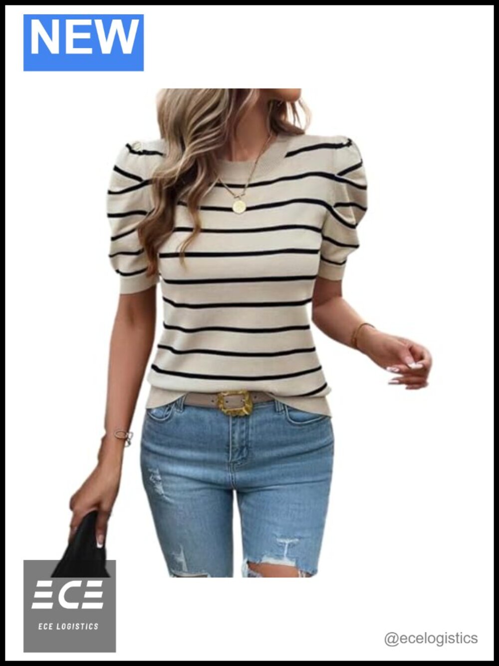 Viscose Blend Puff Short Sleeve Striped Crew Neck Sweater Loose Fit Casual